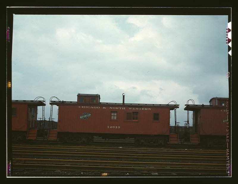 Cabooses on the caboose track at C&NW Proviso yard, Chicago